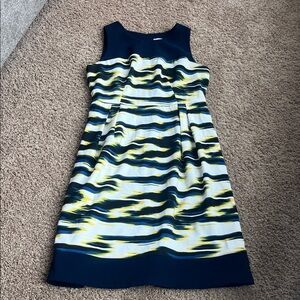 Carmen Marc Valvo Navy and Yellow Patterned Midi Dress